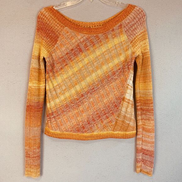 Free People Ribbed Knit Sweater Orange Rust Ombre Gradient Long Sleeve Top Small - Picture 1 of 8